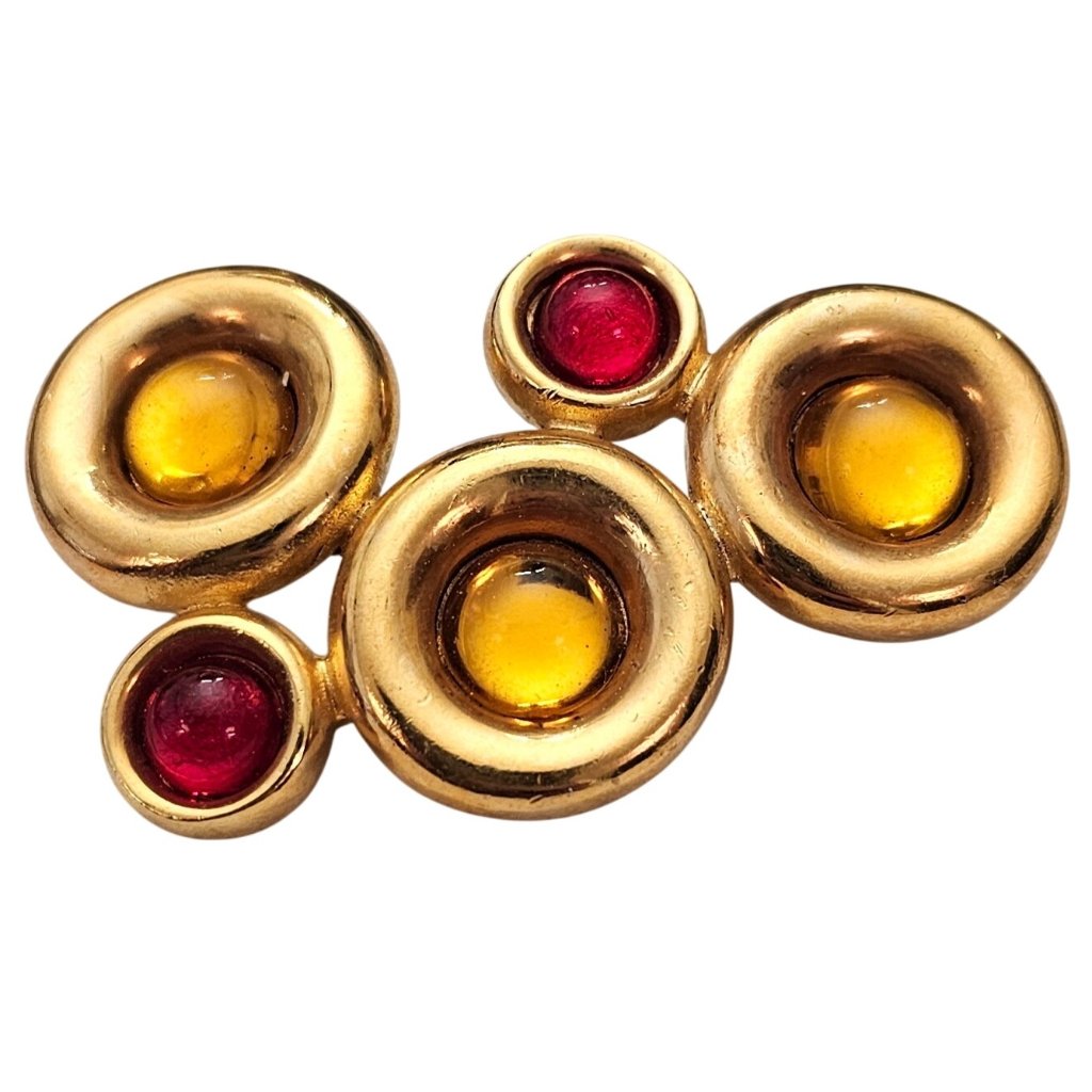 Gold Tone Modernist Red Gold Glass Cab Brooch Round Circle Clusters Pin C876
